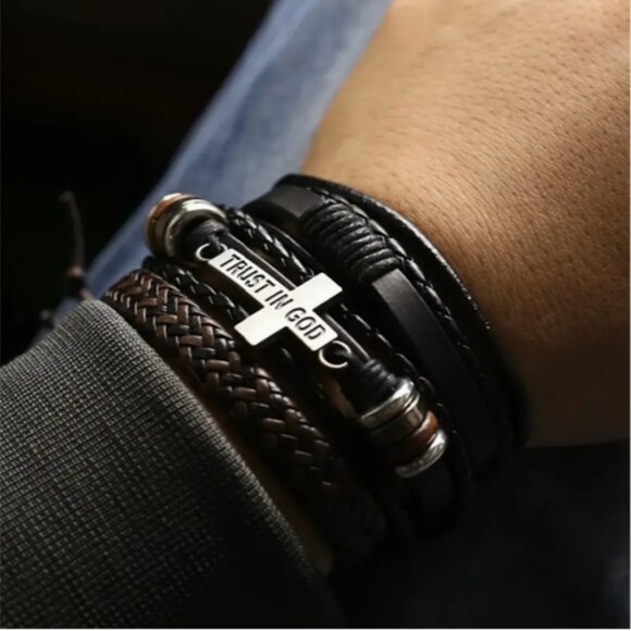 NWT LEATHER 3 BRACELETS "TRUST IN GOD" INSCRIBED CROSS - Picture 1 of 3